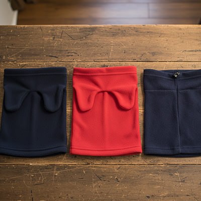 Trois modèles de bonnet pour chien en polaire (bleu, rouge, noir) posés sur une table en bois.