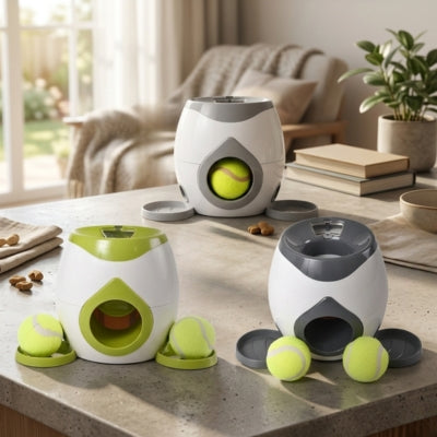 Trois modèles de lanceur de balle pour chiens (gris, vert, noir) avec balles sur un comptoir.