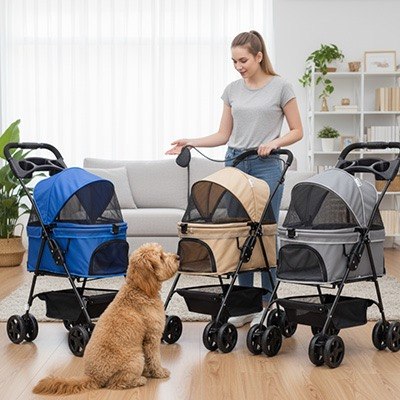 Femme présentant une poussette pour chien bleue, une beige et une grise à l'intérieur.