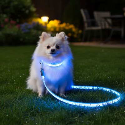Petit chien Poméranien blanc avec une laisse de chien et un collier à LED bleu.