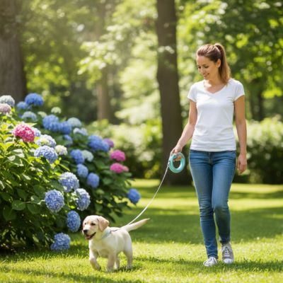 Chiot Labrador blanc guidé par une laisse de chien bleue dans un jardin fleuri.