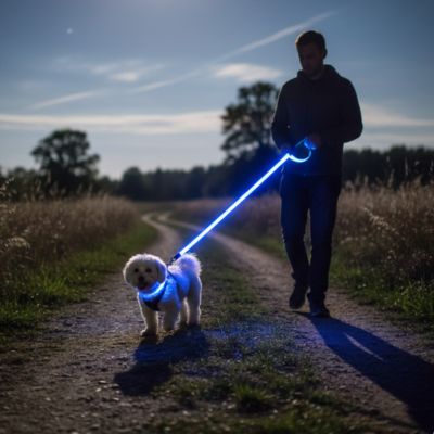 Homme marchant de nuit avec un Bichon blanc et une laisse de chien lumineuse bleue.