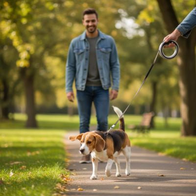Un Beagle tenu par une laisse de chien grise rétractable lors d'une balade au parc.