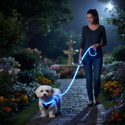 Femme dans un jardin de nuit avec un petit chien blanc et une laisse de chien LED bleue.