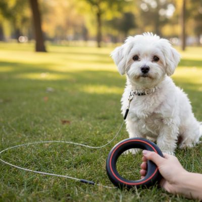 Une laisse de chien ronde noire tenue au-dessus de l'herbe face à un petit Bichon blanc.