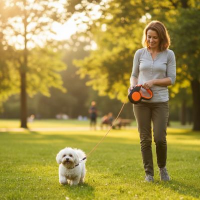 Femme promenant un petit Bichon blanc avec une laisse de chien rétractable orange dans un parc.