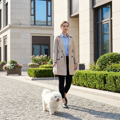 Une laisse de chien tenue par une femme en trench-coat marchant avec un petit Bichon blanc.