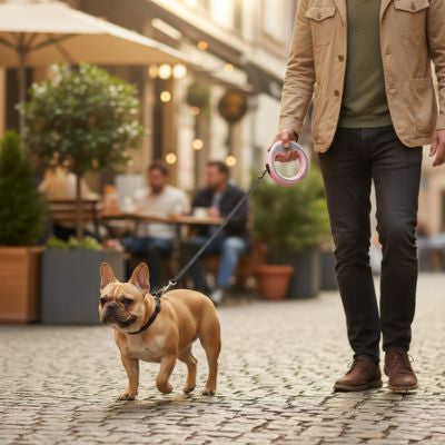 Bouledogue français marchant sur des pavés avec une laisse de chien rose et grise.
