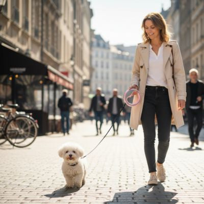 Femme marchant en ville avec un Bichon frisé et une laisse de chien rose rétractable.
