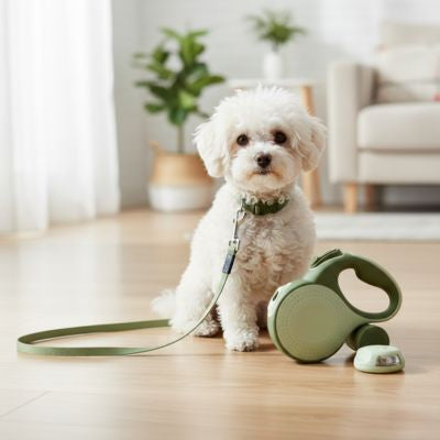 Une laisse de chien vert sauge posée au sol à côté d'un chiot Bichon Frisé blanc.