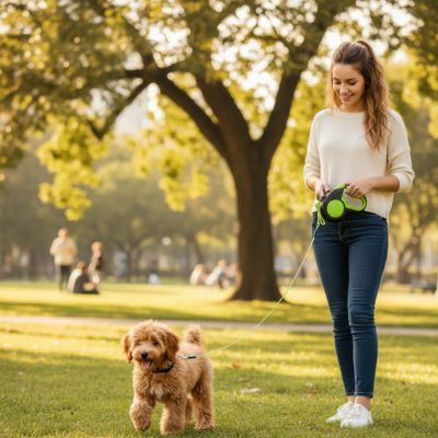 Femme en pull blanc tenant une laisse de chien rétractable verte fixée à un chiot Goldendoodle.