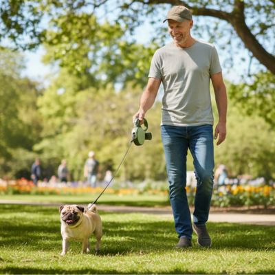 Une laisse de chien verte utilisée par un homme pour promener son Carlin dans un parc ensoleillé.