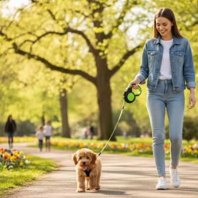 Jeune femme en jean utilisant une laisse de chien rétractable verte pour promener un chiot brun.