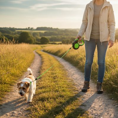 Femme marchant sur un sentier avec un Jack Russell tenu par une laisse de chien rétractable verte.