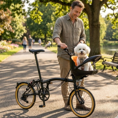 Homme debout à côté d'un vélo pliant, un bichon frisé assis dans son panier noir dans un parc.