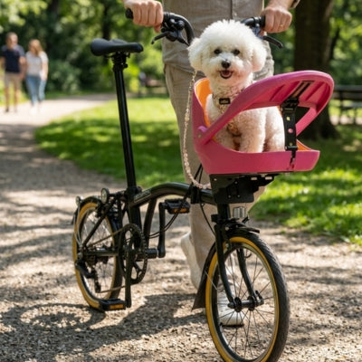 Homme poussant un vélo pliant avec un bichon frisé dans un panier rose dans un parc.