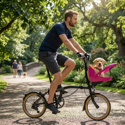 Homme faisant du vélo pliant dans un parc, un chiot labrador dans un panier rose.