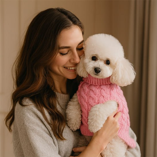 Femme tenant un Bichon Frisé avec un vetement chien, pull rose à col roulé, en intérieur.