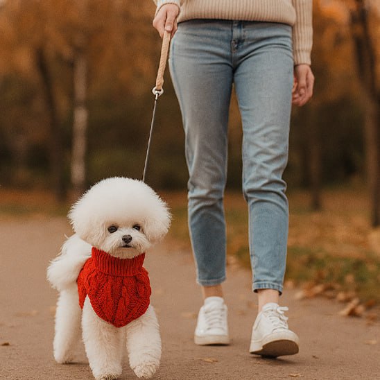Bichon Frisé portant un vetement chien, pull rouge torsadé, lors d'une balade en automne.