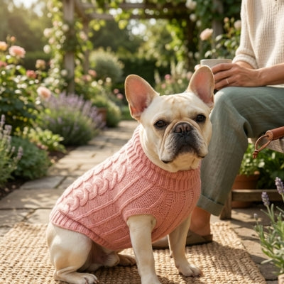 Bouledogue français crème portant un pull rose tressé en terrasse.