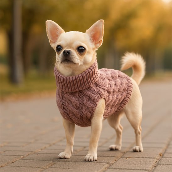Chihuahua beige portant un vetement chien, pull rose poudré, debout sur un chemin pavé.