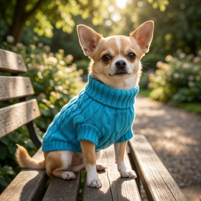 Chien Chihuahua beige assis sur un banc de parc portant un pull en laine bleu azur.