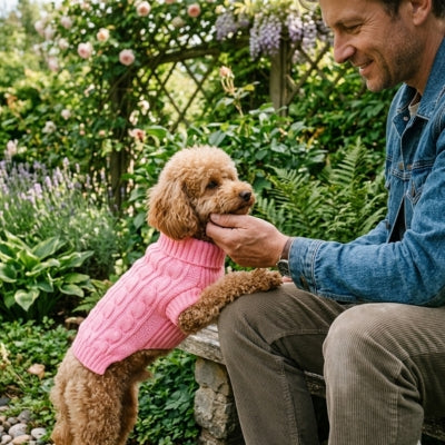 Petit Caniche brun en pull rose torsadé dans un jardin fleuri avec son maître.