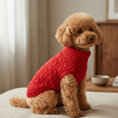 Caniche abricot assis en intérieur portant un vetement chien type pull rouge à torsades.