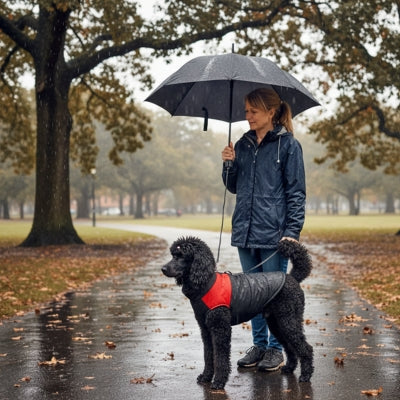 Un caniche en vetement pour chien noir et rouge promené sous la pluie par sa maîtresse.