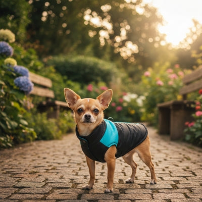 Un Chihuahua posant avec un vetement pour chien noir et bleu sur un chemin pavé.
