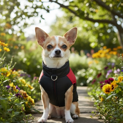 Un Chihuahua portant un vetement pour chien matelassé noir et rouge dans un jardin.