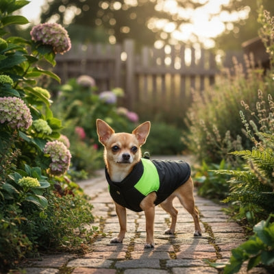 Un Chihuahua portant un vetement pour chien bicolore noir et vert néon sur un sentier.