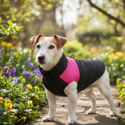 Un Jack Russell porte un vetement pour chien matelassé noir et rose dans un jardin fleuri.