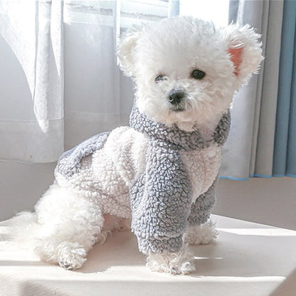 Bichon assis portant un vêtement pour chien style sweat à capuche en sherpa gris.