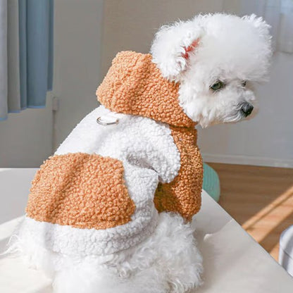 Bichon portant un vêtement pour chien en sherpa orange et blanc avec attache laisse.
