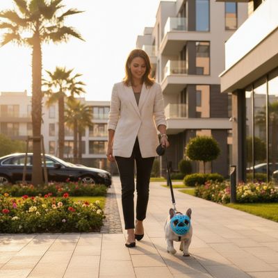 Femme élégante en ville avec un bouledogue français et sa muselière pour bouledogue français bleue.