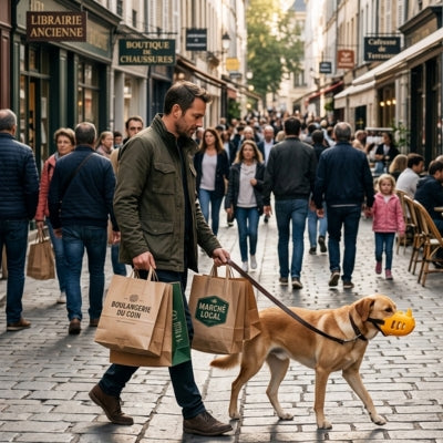 Homme avec sacs Boulangerie du Coin et son chien en muselière anti aboiement pour chien.