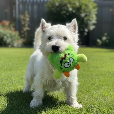 Westie debout dans l'herbe tenant un jouet pour chien monstre vert dans sa gueule.