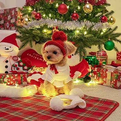 Yorkshire assis parmi des cadeaux sous le sapin, portant un bonnet pour chien rouge.