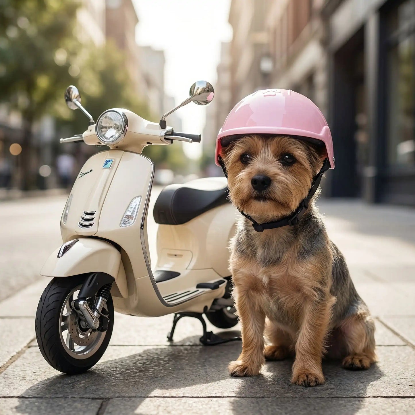 Chien Yorkshire portant un casque moto chien rose assis à côté d'un scooter en ville.