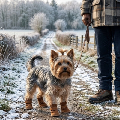 Yorkshire Terrier sur un chemin givré en chaussures pour chien marron.