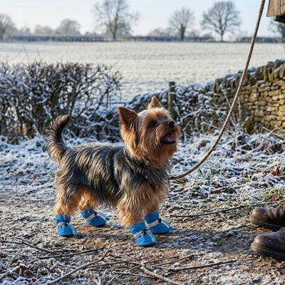 Yorkshire Terrier portant des chaussures pour chien bleues dans un champ givré.