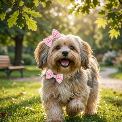 Chien Yorkshire Terrier portant un collier nœud papillon à carreaux roses dans un parc arboré.