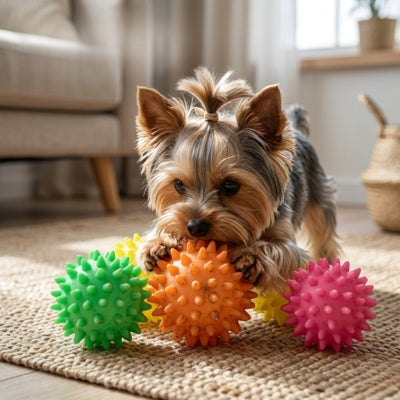 Yorkshire Terrier à l'intérieur mordillant une grosse balle pour chien orange sur un tapis.
