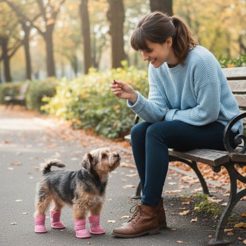 Yorkshire Terrier au parc face à une femme, portant une chaussure pour chien rose aux pattes.