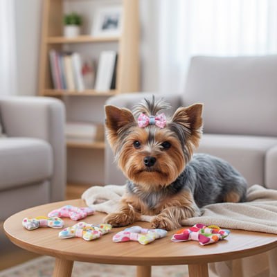 Yorkshire Terrier avec noeud papillon chien rose, couché devant une sélection d'accessoires.